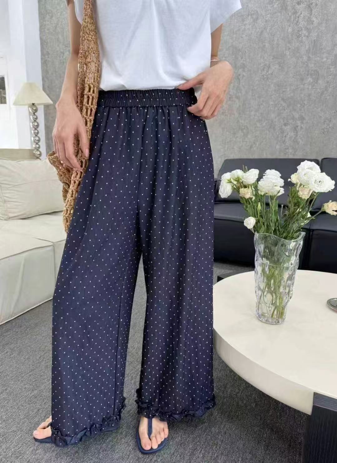 65100夏季新款休闲百搭宽松直筒波点花边裤女