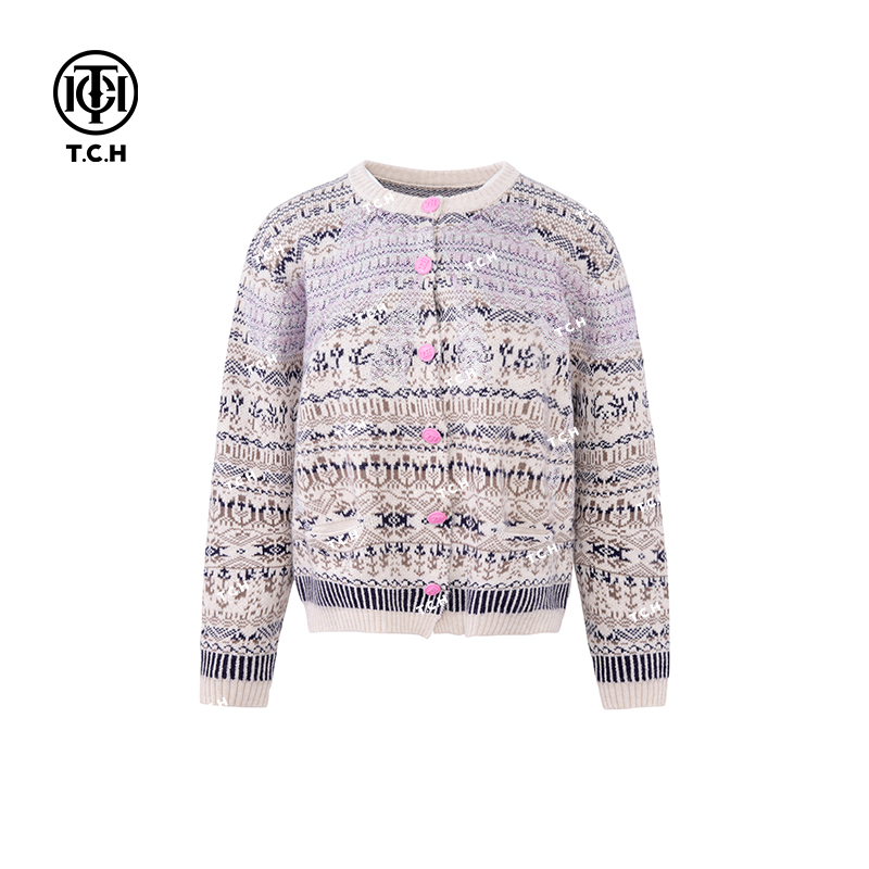 TCH轻奢复古花纹时装烫钻时尚休闲针织开衫T72C43E5091