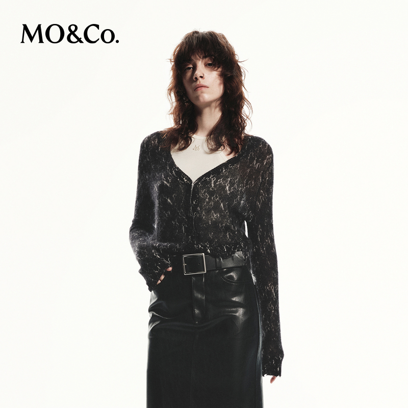 【陈嘉尔专属】MOCO秋绵羊毛马海毛混纺老花烂边针织衫MBD3CAR033