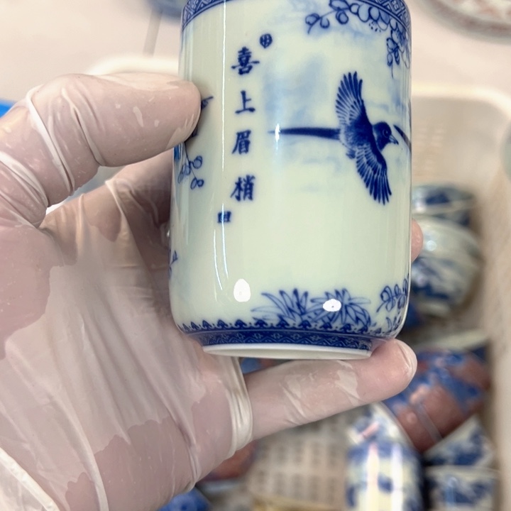 瓷片白青花喜上眉梢直筒杯可乐全品