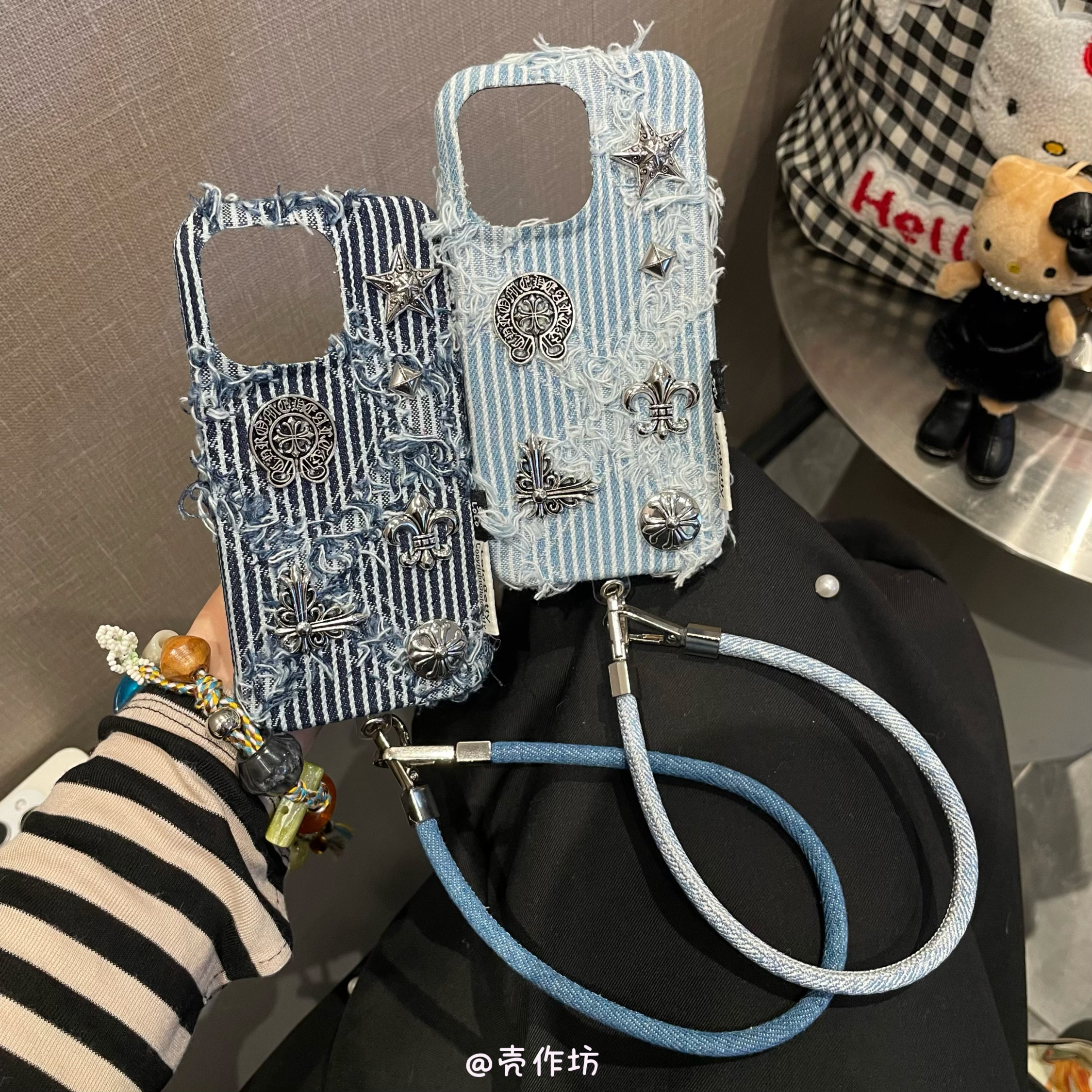 牛仔毛绒条纹十字架手机壳适用苹果iPhone17promax/16防摔保护套