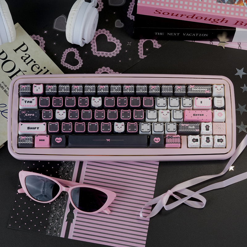 黑粉小猫可爱键帽高颜值DIY五面热升华适配女生机械键盘60-108