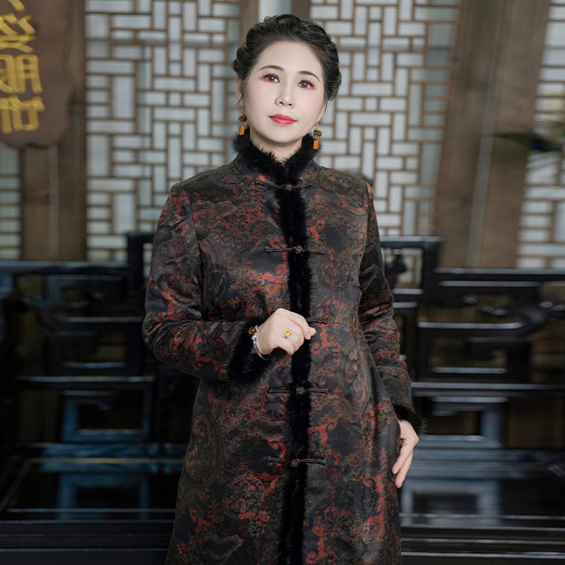 【龙凤呈祥】香云纱重磅缎水貂毛条风衣夹棉香云纱女装新款G357048M