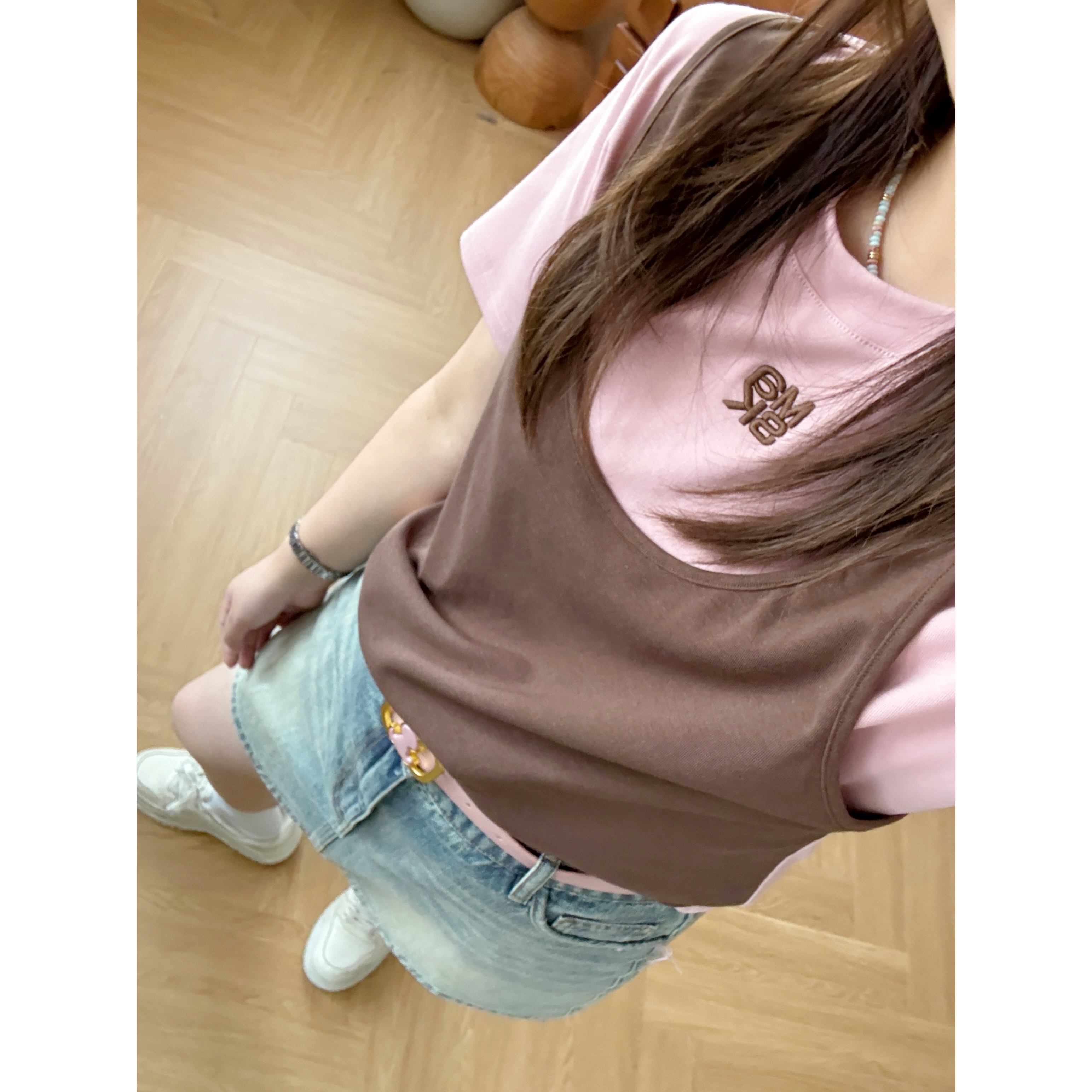 晶咕佳佳【莓牛奶巧】撞色刺绣假两件短袖显瘦时尚休闲百