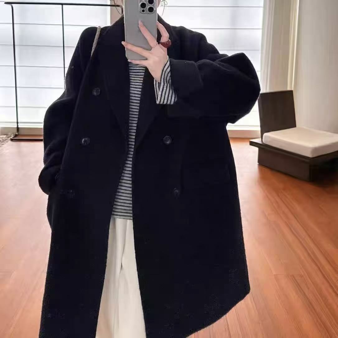 【苏茵】欧货慵懒风西装领双排扣中长款苏丽羊毛大衣外套