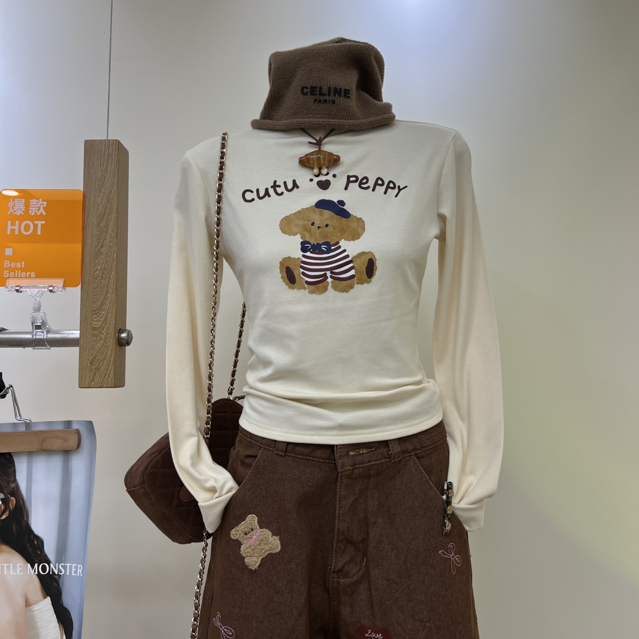 加绒加厚2025冬季新款半高领长袖t恤女小熊印花打底衫显瘦上衣ins