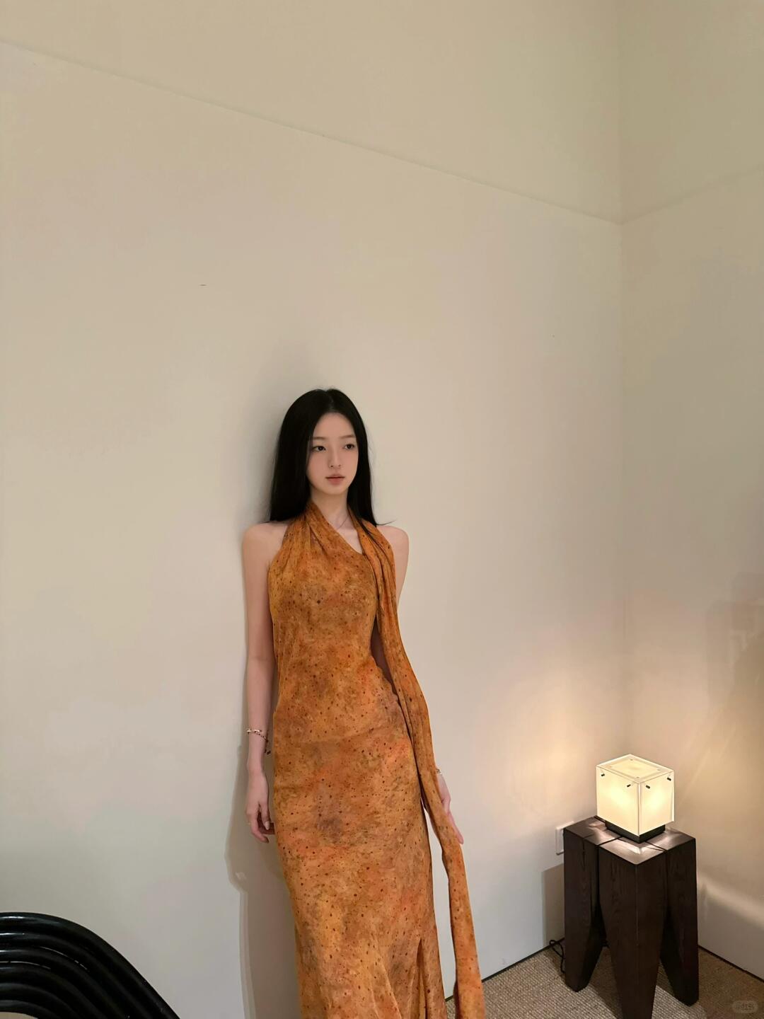 饭饭studio【印花挂脖飘带长款夏季复古气质连衣裙】轻奢时尚高级