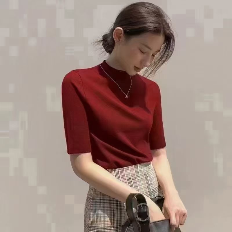 2025早秋新款半高领纯色气质五分袖内搭针织上衣显瘦打底衫