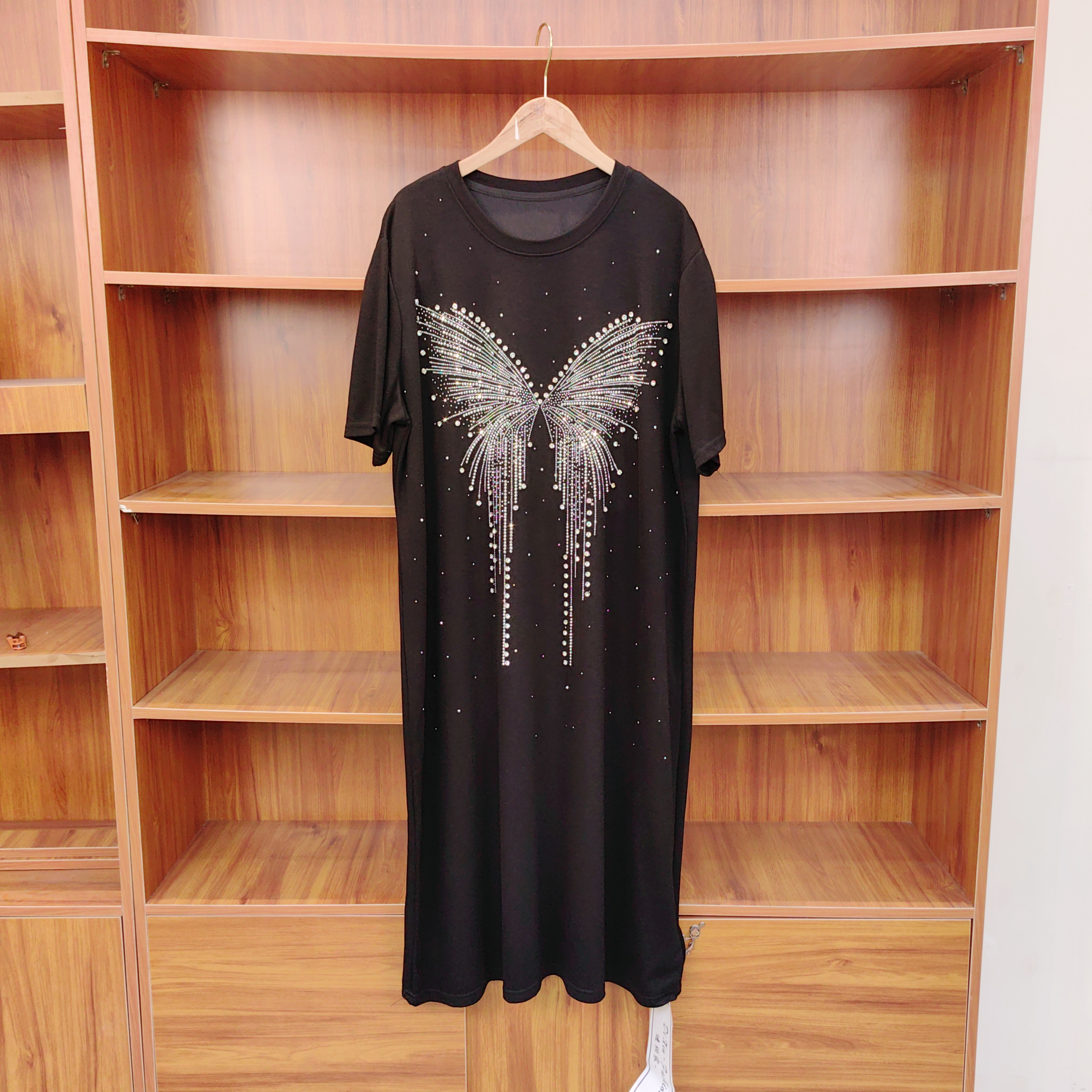 TXQ0006烫钻黑色连衣裙宽松中长款轻奢气质显瘦