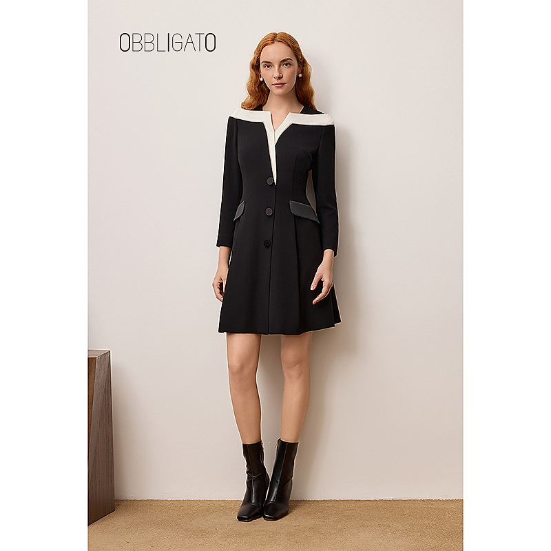 OBBLIGATO奥丽嘉朵专选2025冬季新品1C65505090醋酸撞色连衣裙