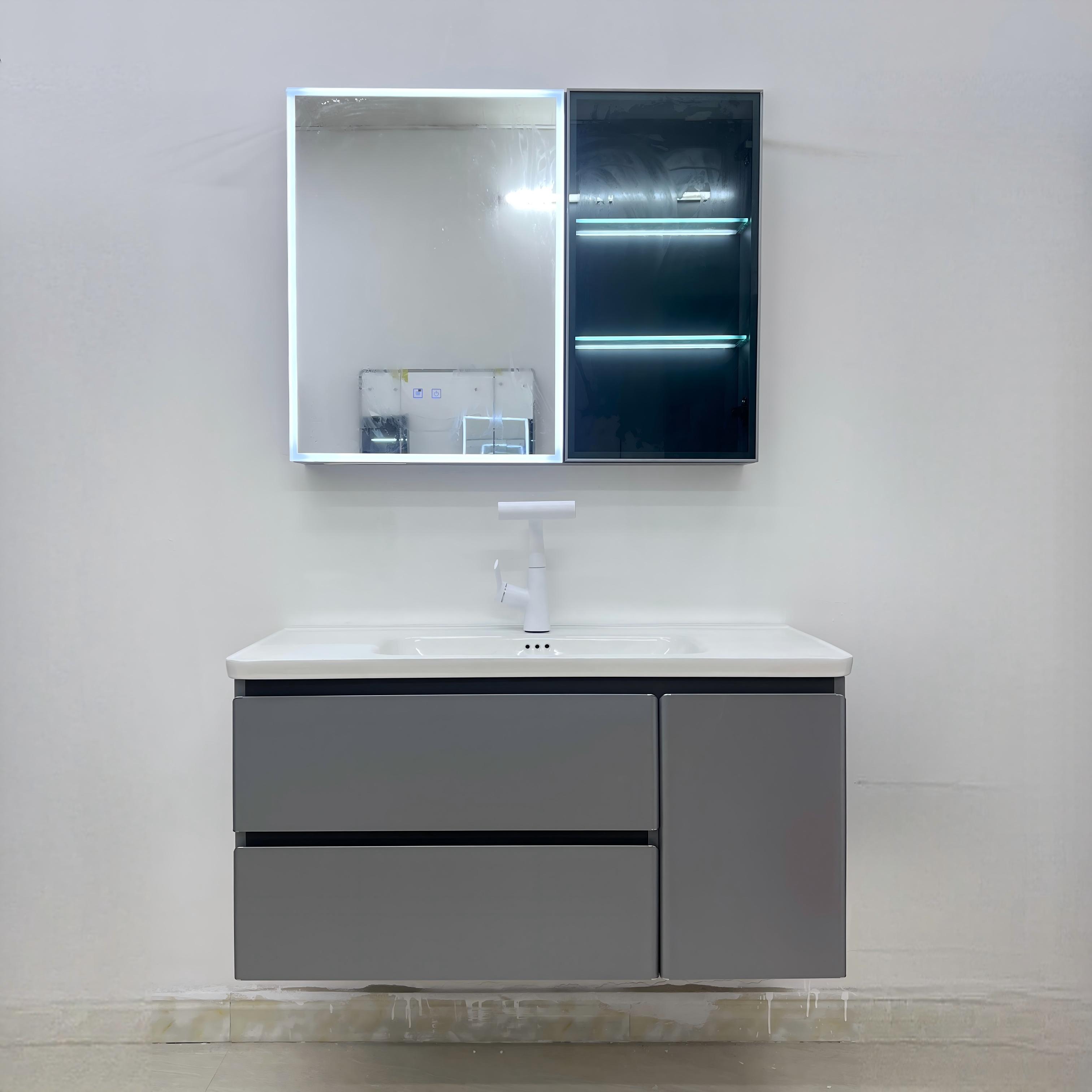 美雅斯S9高级轻奢灰不锈钢浴室柜防潮防水陶瓷一体盆全封智能镜柜