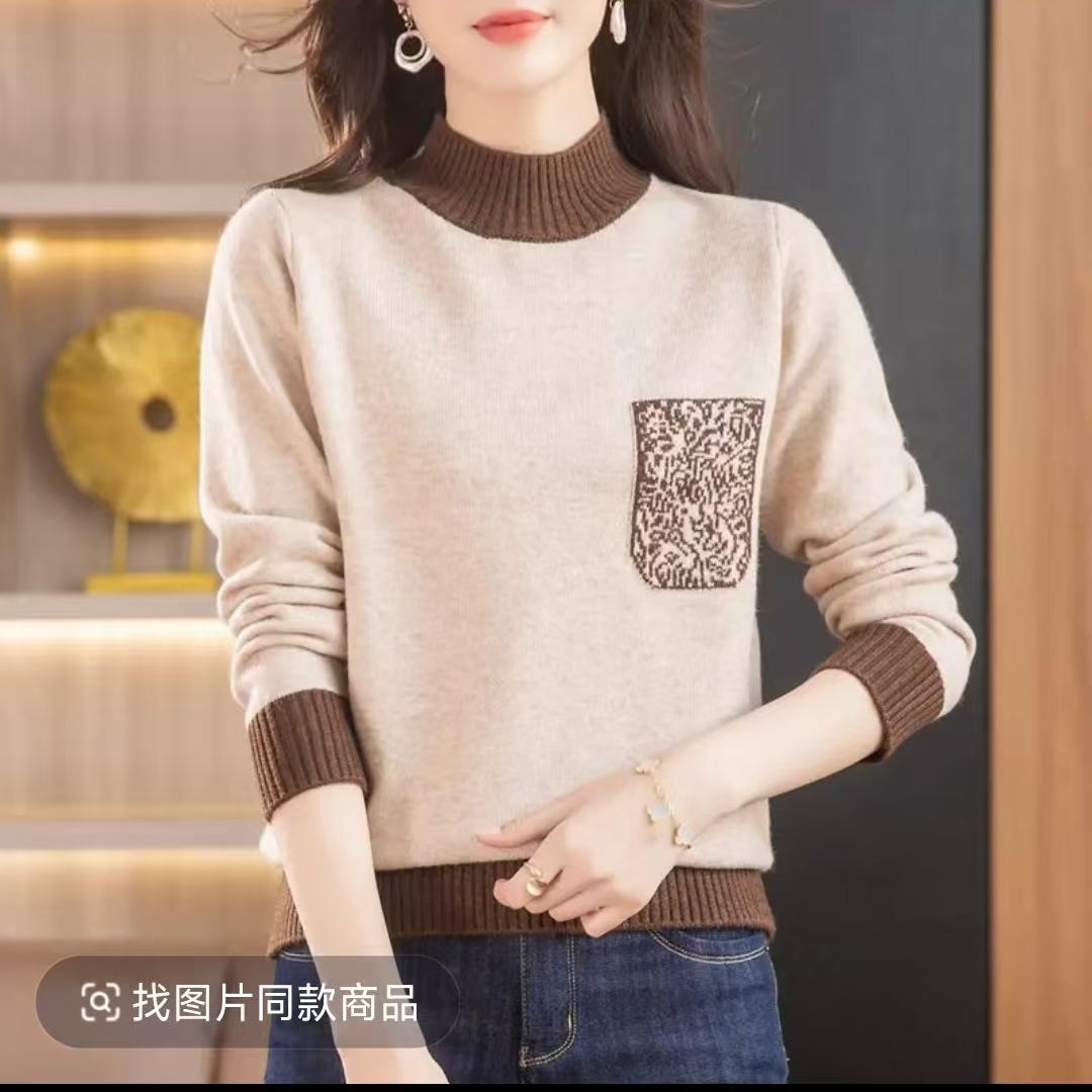 Z-25年秋冬新款宽松半高领假口袋套头针织衫