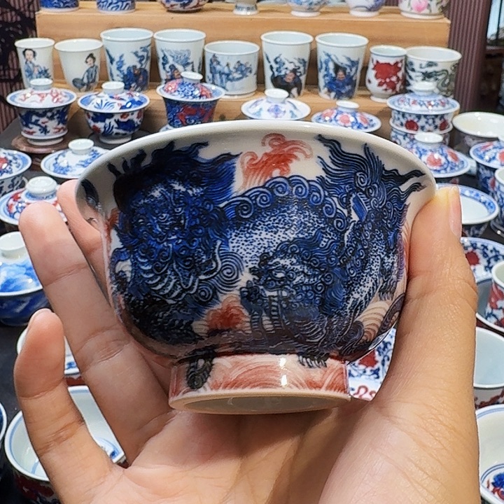 微瑕狮子压手杯原矿手绘