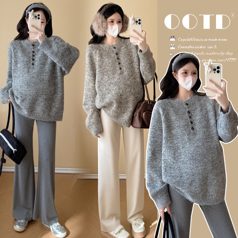 孕妇秋冬新款慵懒风圆领纯色针织毛衣宽松显瘦百搭休闲上衣孕妇装