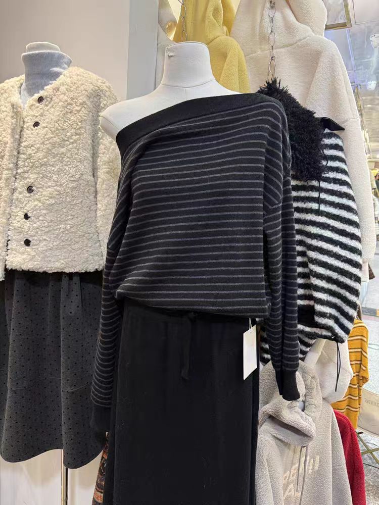 纯欲风针织长袖薄款条纹毛针织衫时尚针织衫休闲短款