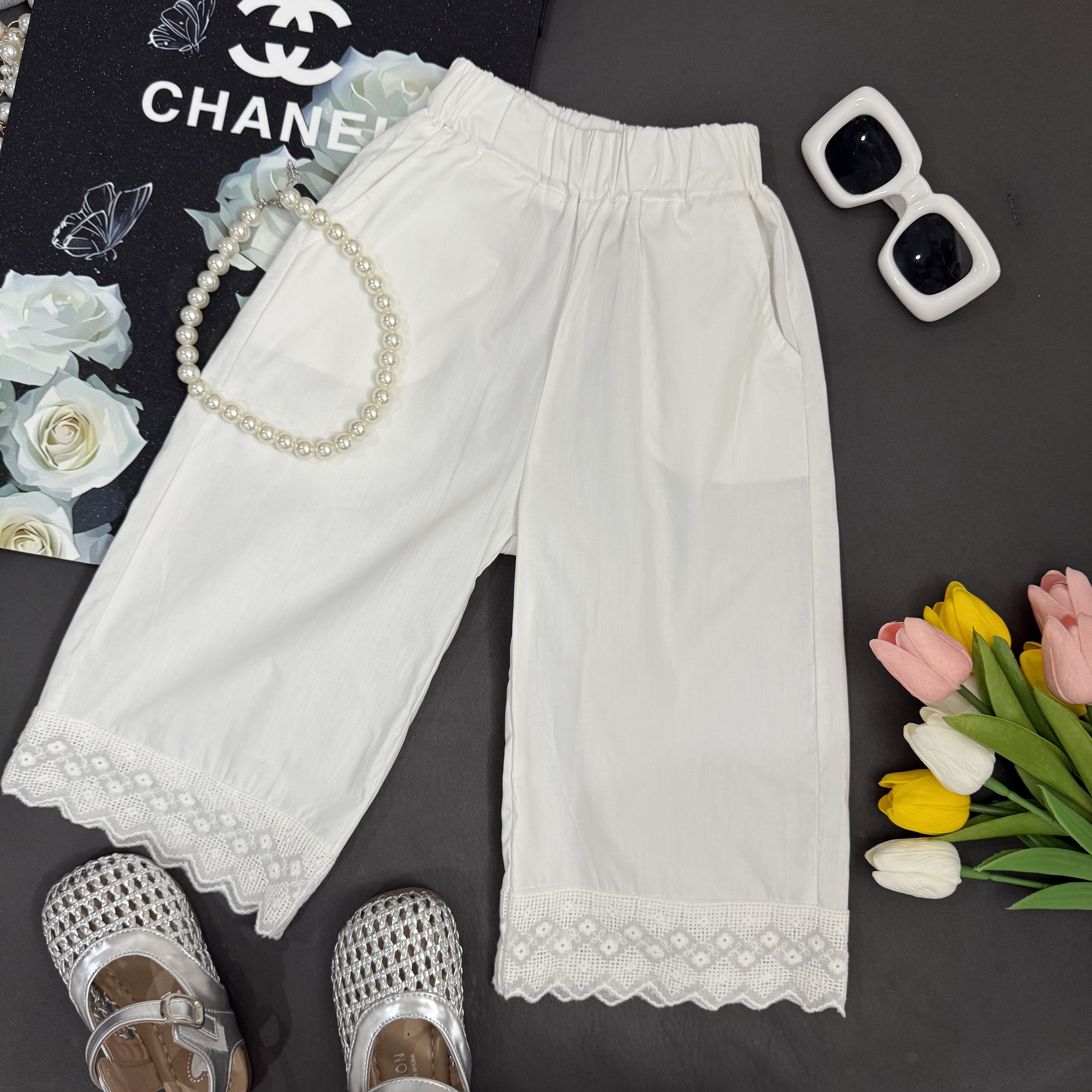 女童裤子夏季2025新款清爽夏日纯色百搭韩版花边休闲直筒裤