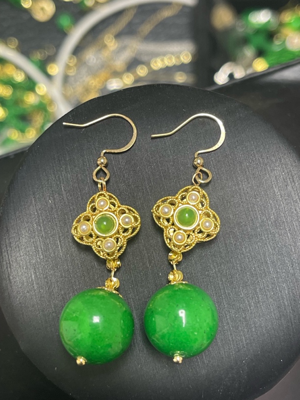 翡翠14mm圆珠耳饰耳勾14k金