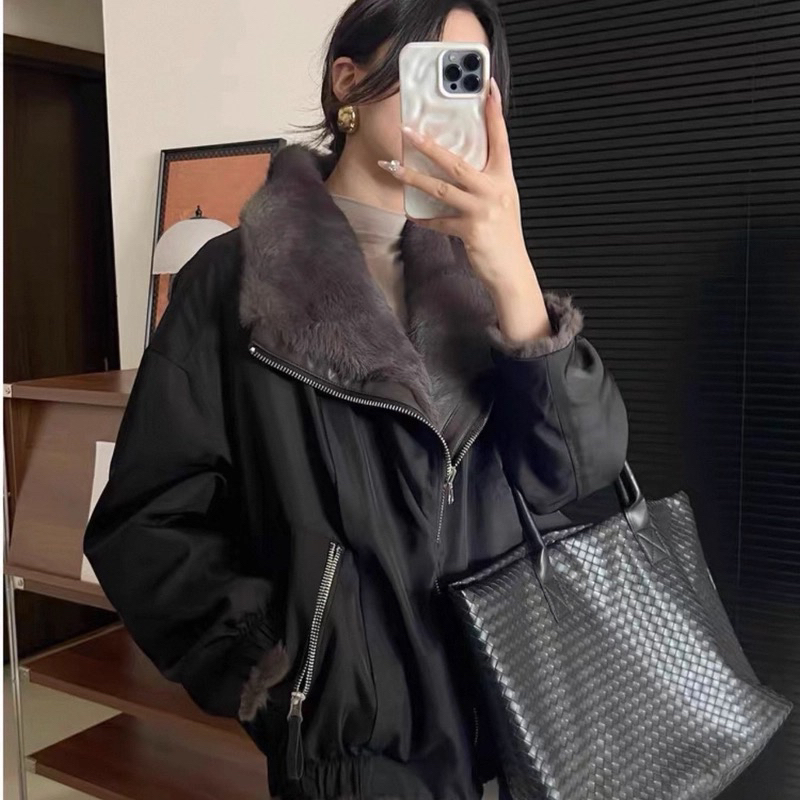 2574新款双面穿兔皮毛一体翻领保暖皮草派克短宽松外套女休闲时尚