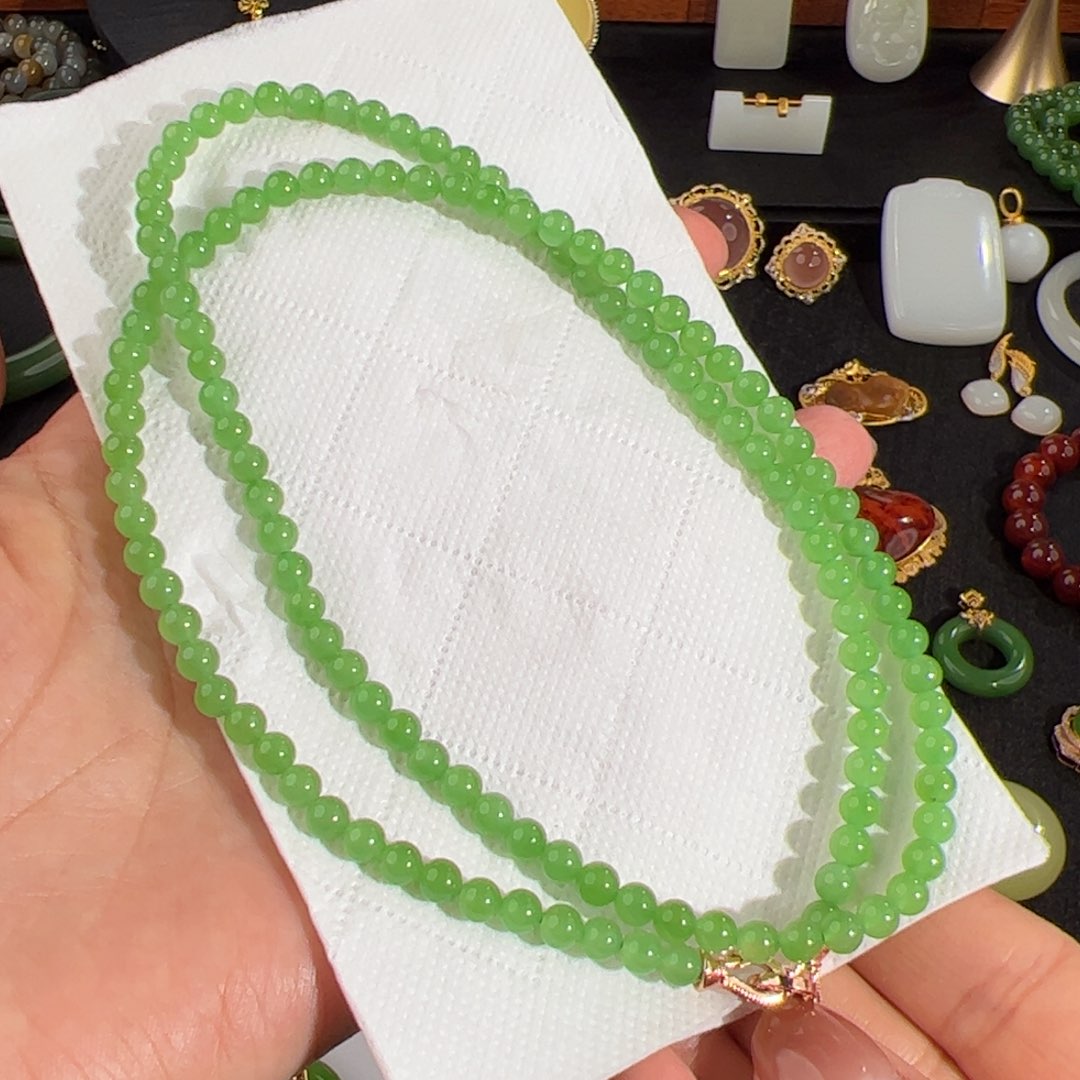 和田玉（碧玉）苹果绿5mm项链未镶嵌