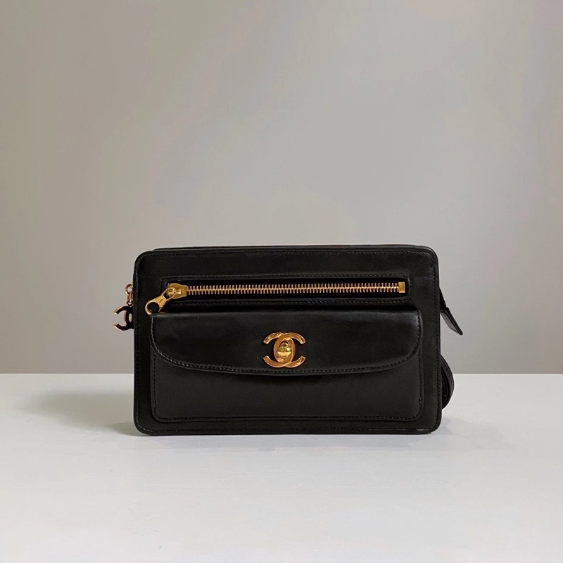 90新 Chanel/香奈儿 黑金书包扣手拿包