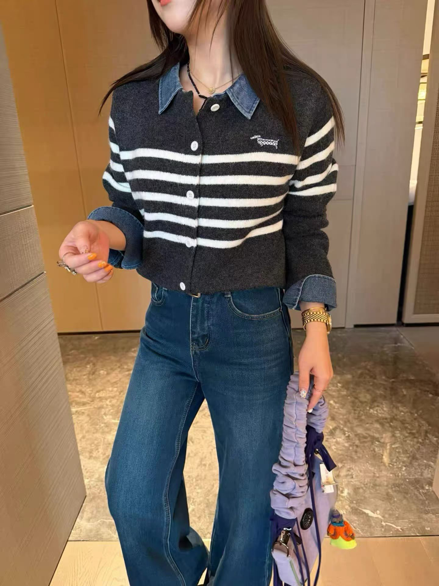 【秋冬新款】MT‘牛仔拼接毛衣 小狗刺绣’  时尚百搭百搭宽松条纹