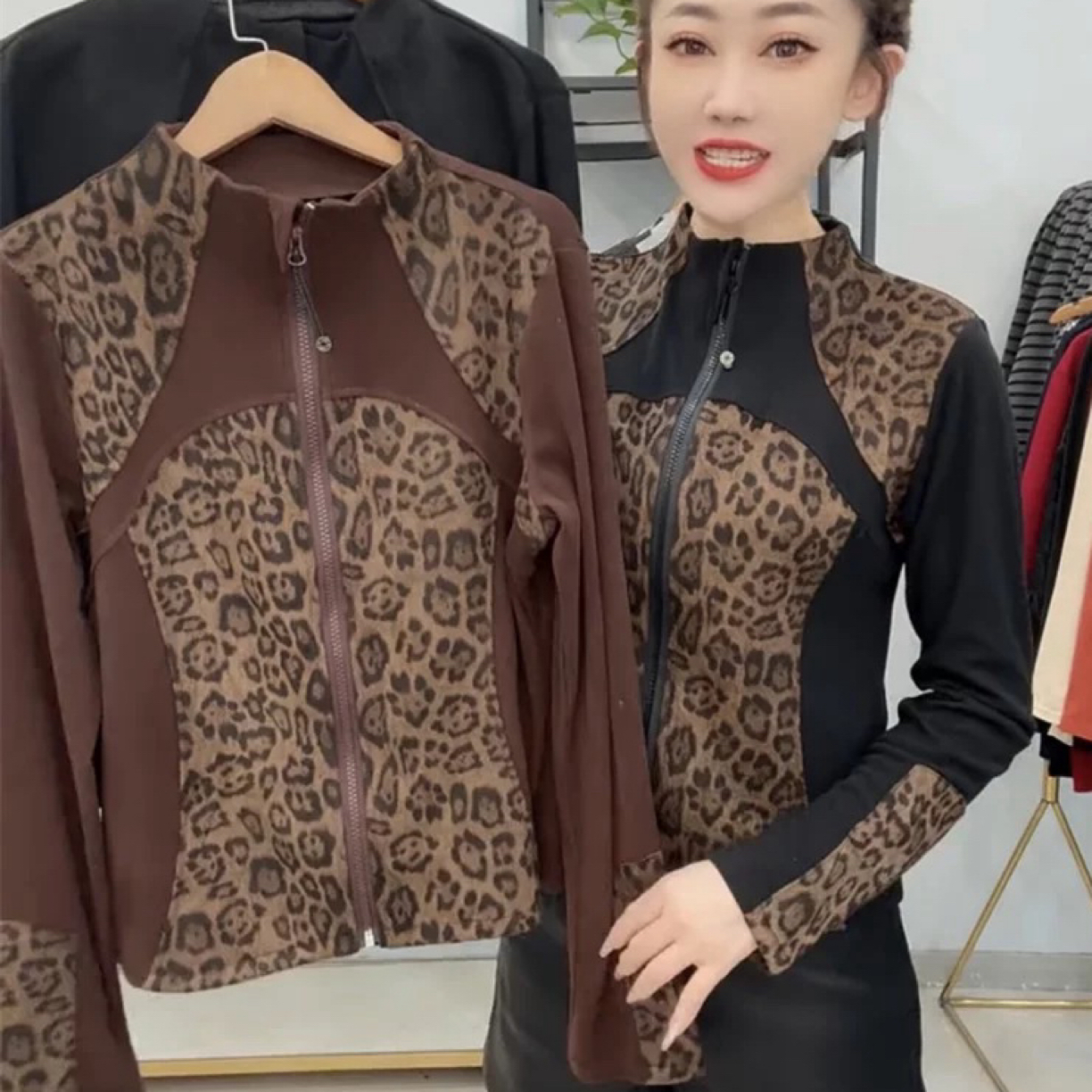 洋气时髦豹纹拼接潮流冬季拉绒上衣网红新款显气质瘦时尚女士小衫
