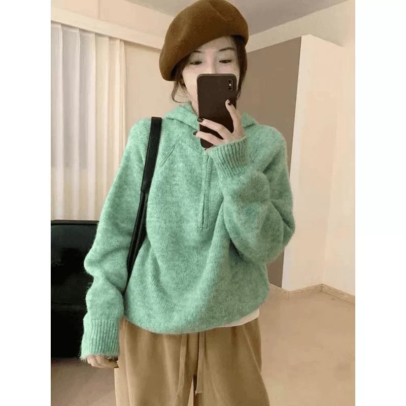 小朵家   ins穿搭#D234  新品糯叽叽半拉链绒毛感休闲毛衣帽衫
