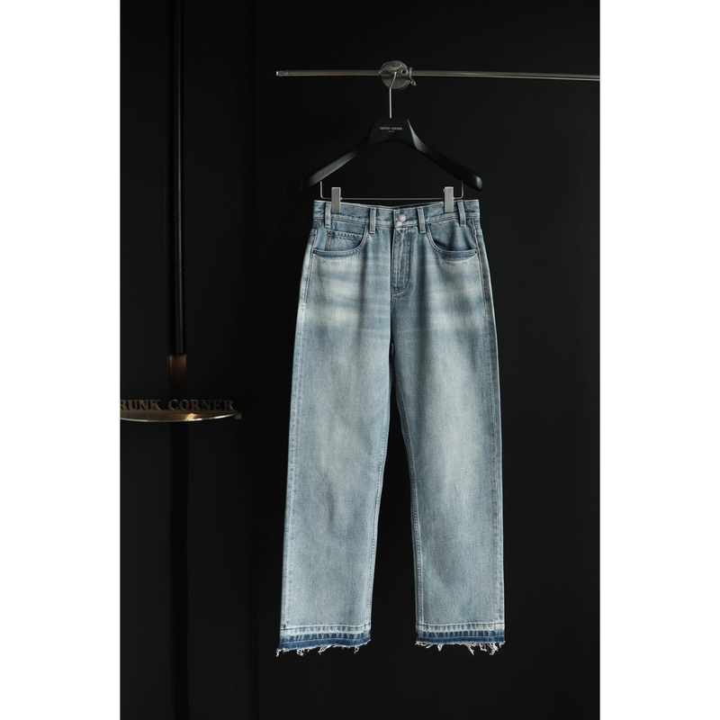 DrunkCorner夏季水洗蓝色牛仔裤脚口毛边高腰阔腿裤百搭时尚AW077