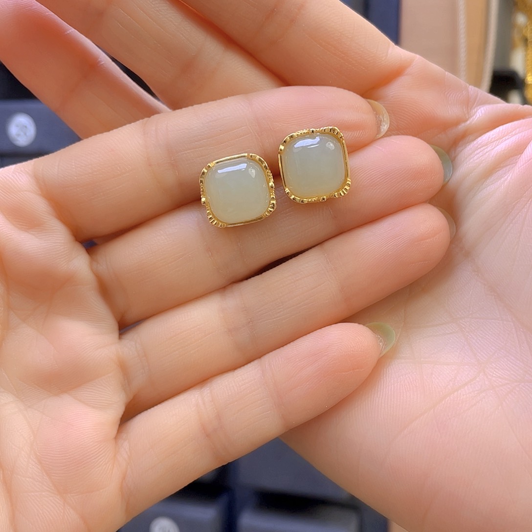 和田玉耳饰银S925镀金镶嵌