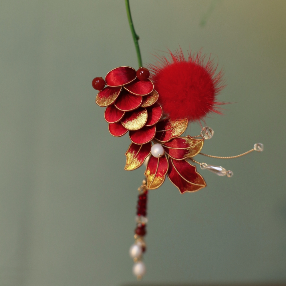 隐木【金鳞跃】桑蚕丝绒花中国红国风复古古典锦鲤边夹