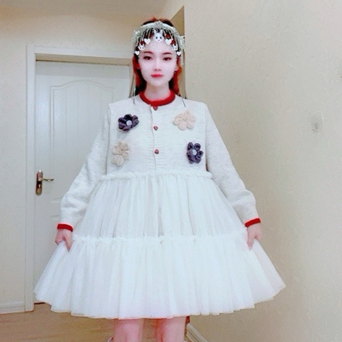 【面条家】5393#秋冬立体花朵开衫外套蓬蓬连衣裙