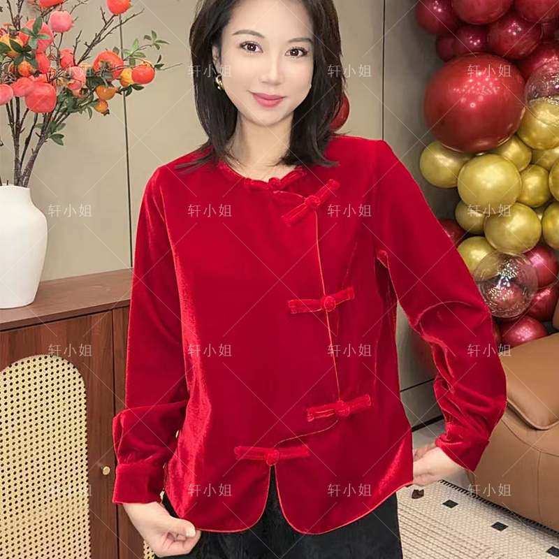 【轩小姐】新年丝绒高级圆领加厚显瘦盘扣上衣新中式国风女装25158