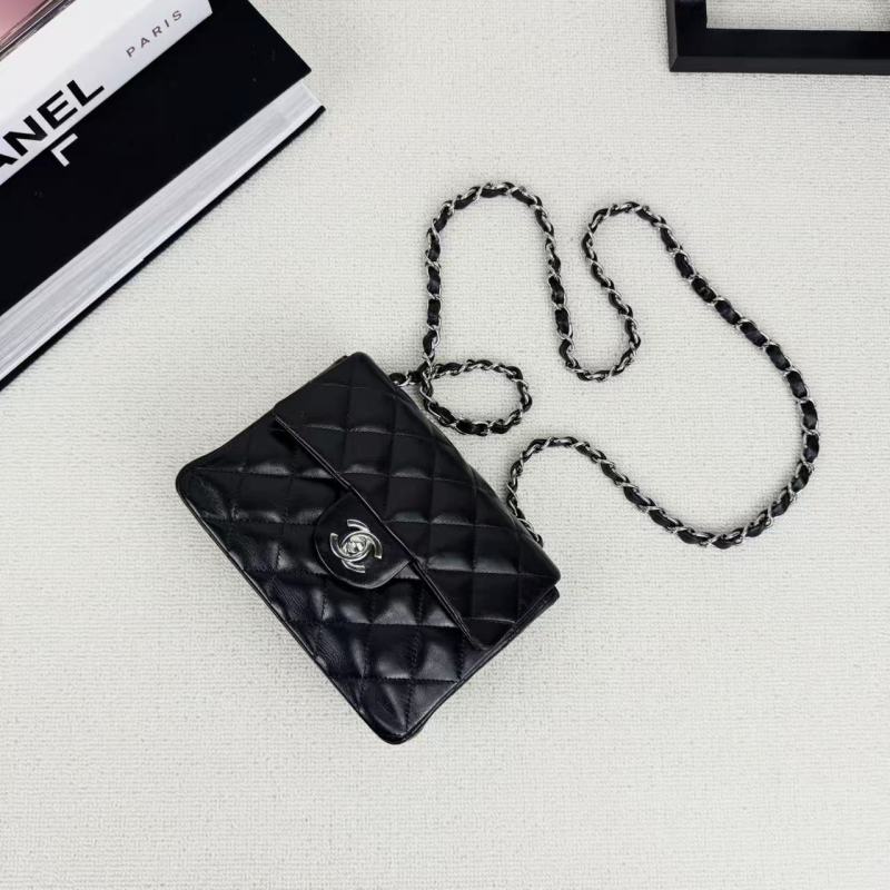 95新 Chanel/香奈儿 黑银CF方胖子斜挎链条单肩包 长17 14开 带卡