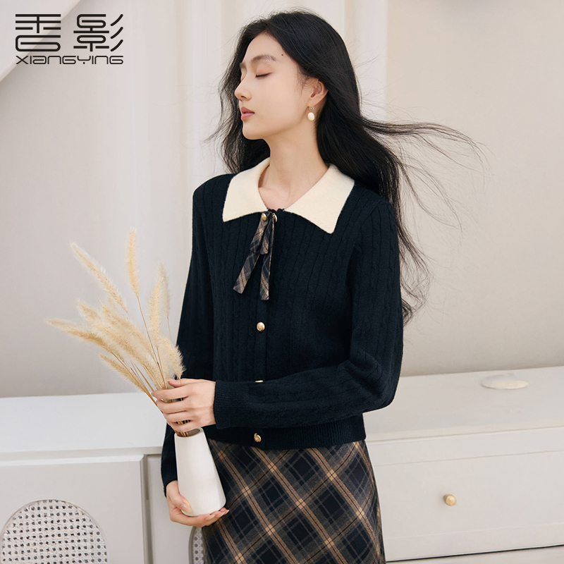 【CC王专属】Z85W774针织衫香影黑色翻领绞花针织开衫女冬季新款