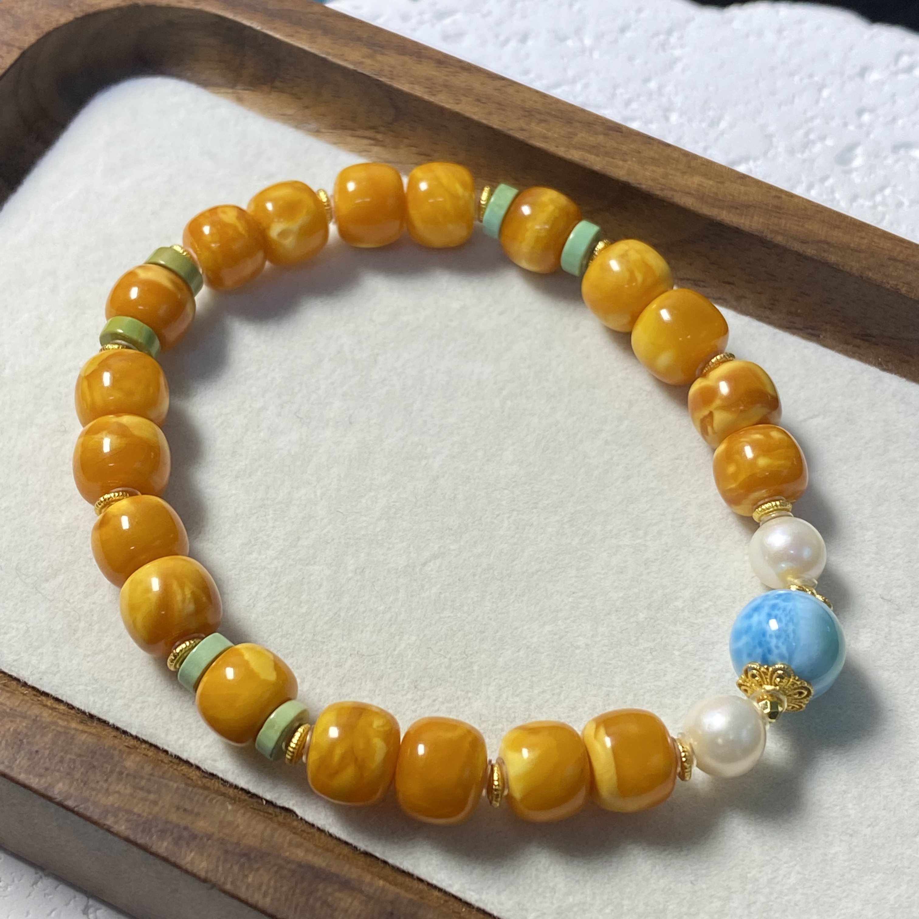 【亿轩珠宝】ZX142905花蜡老型单圈手串diy海纹石珍珠绿松8-9mm+