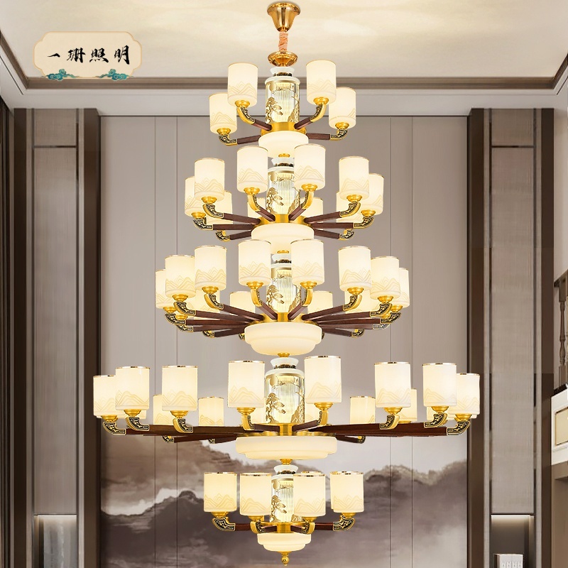 松鹤延年玉石款全铜客厅吊灯别墅复式挑空大厅卧室餐厅新中式灯具