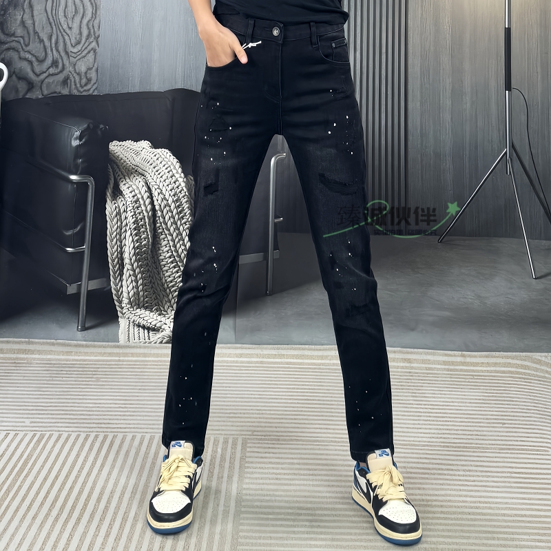 欧货潮牌秋冬男牛仔裤子816黑色破洞修身小脚男装牛仔长裤九分裤