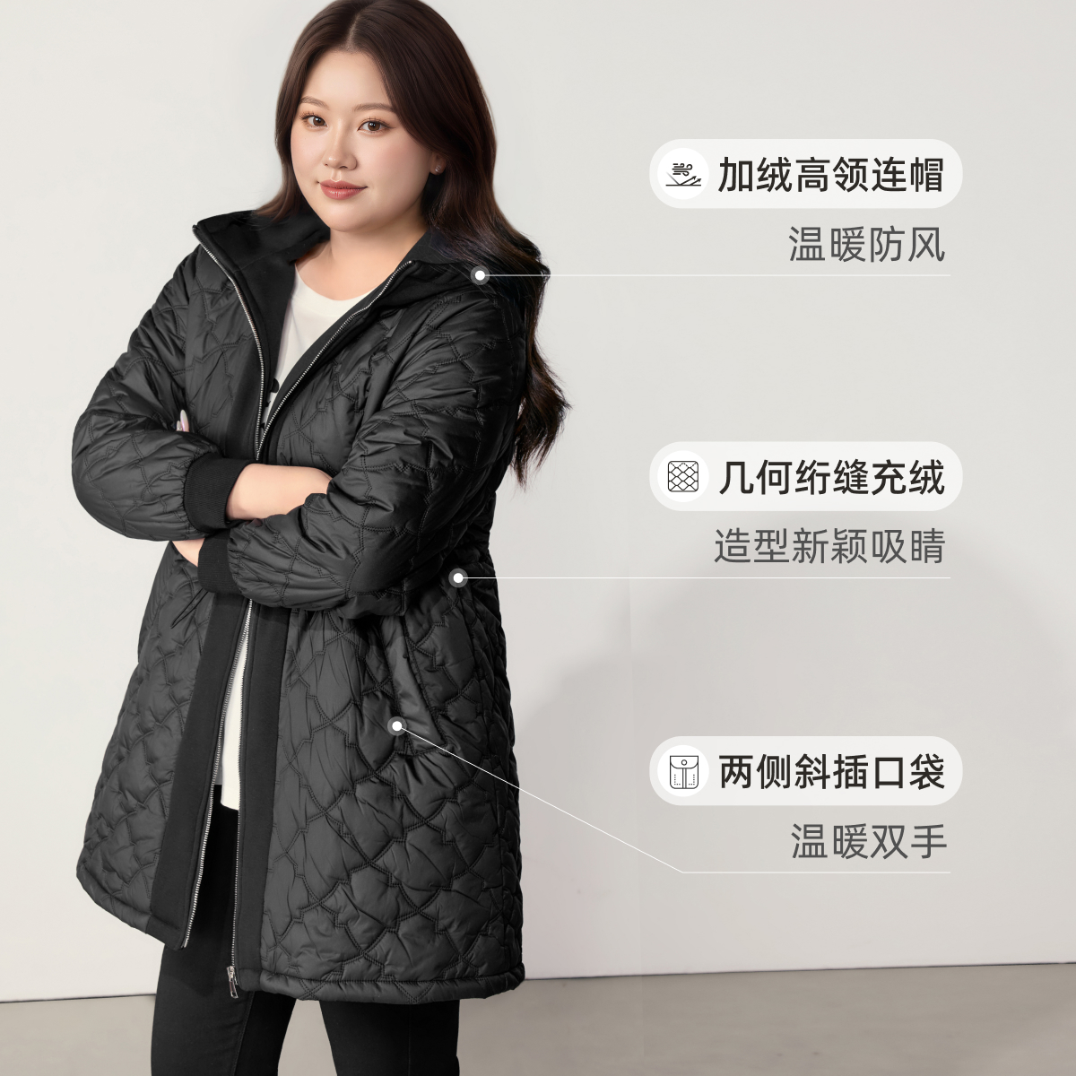 MsShe大码女装冬装连帽假两件拼接菱格夹棉加厚长款棉服A2512004