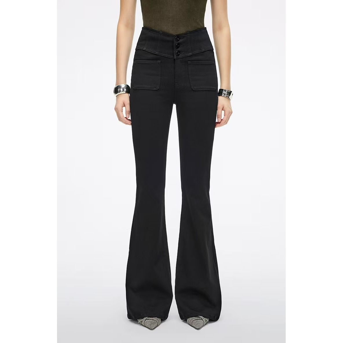 【超模裤】25冬季新款牛仔裤女V型腰加绒四面弹喇叭裤小黑裤J105