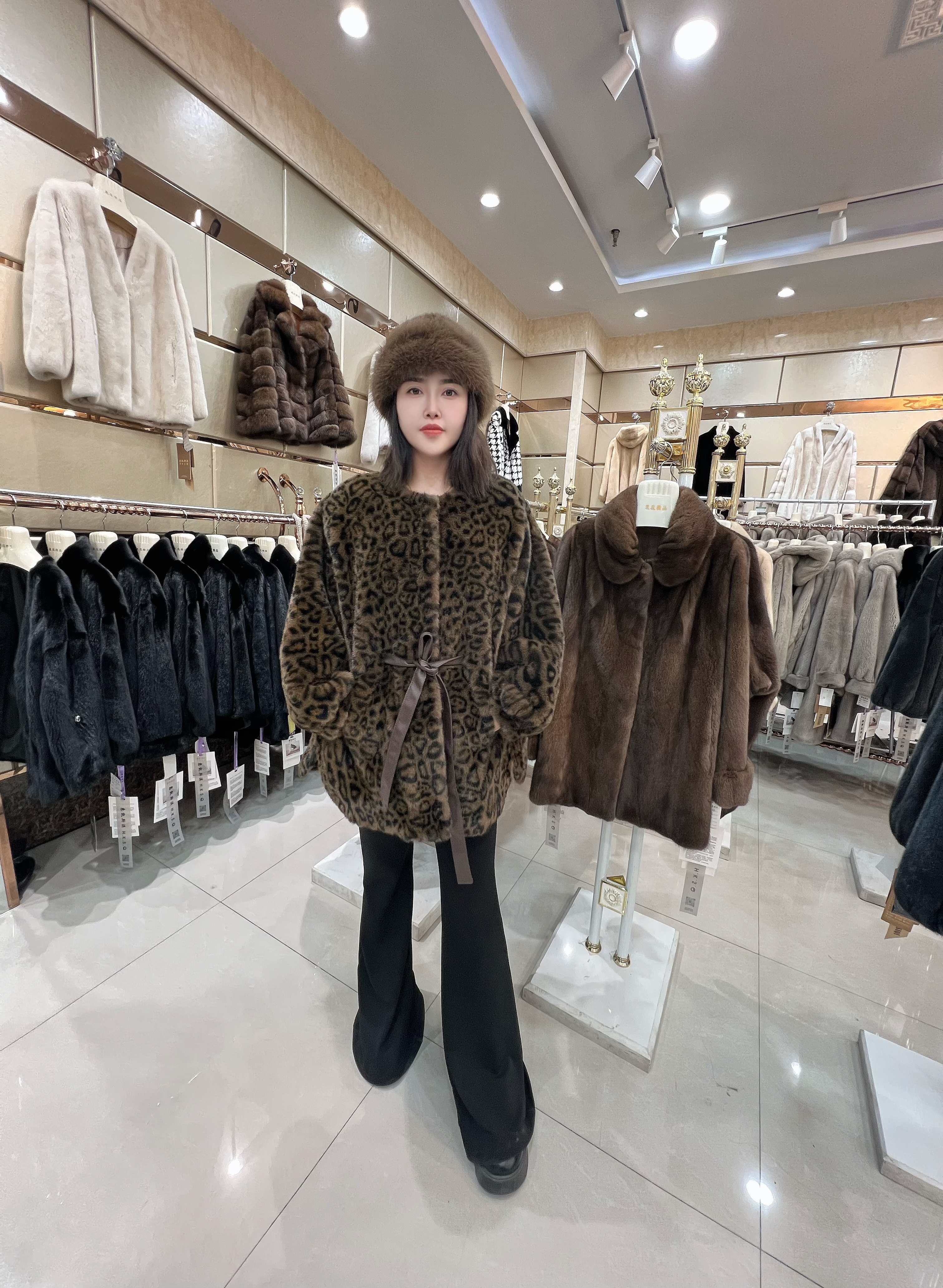 豹纹圆领中长款加绒加厚款短外套休闲重工韩版百搭