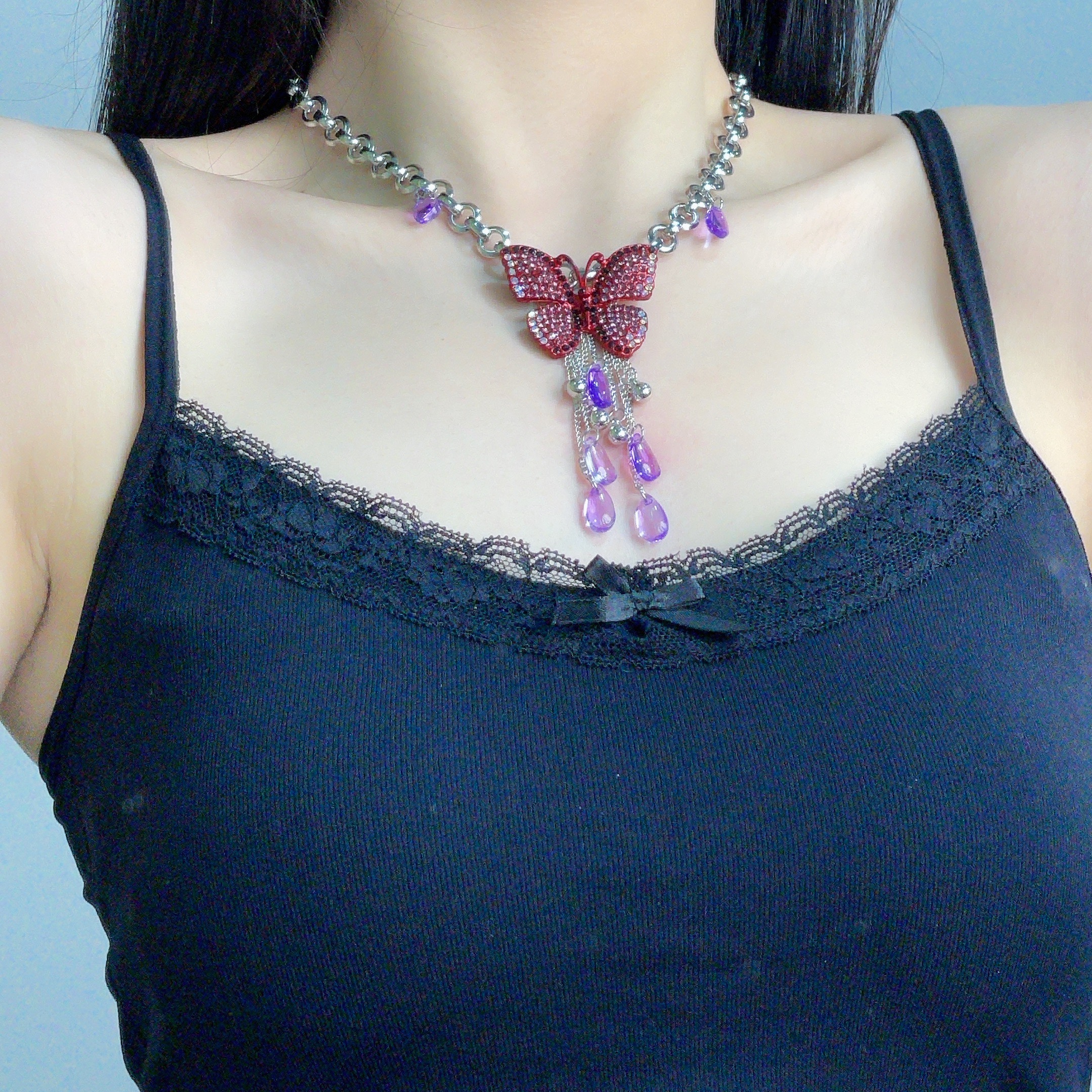 合金亚克力项链 饰品镂空蝴蝶紫色项圈爱心项链链条颈链女锁骨链