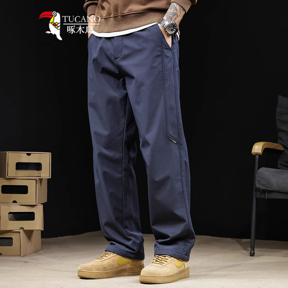 啄木鸟直筒休闲裤子男美式秋冬加绒保暖三防冲锋裤宽松阔腿长裤