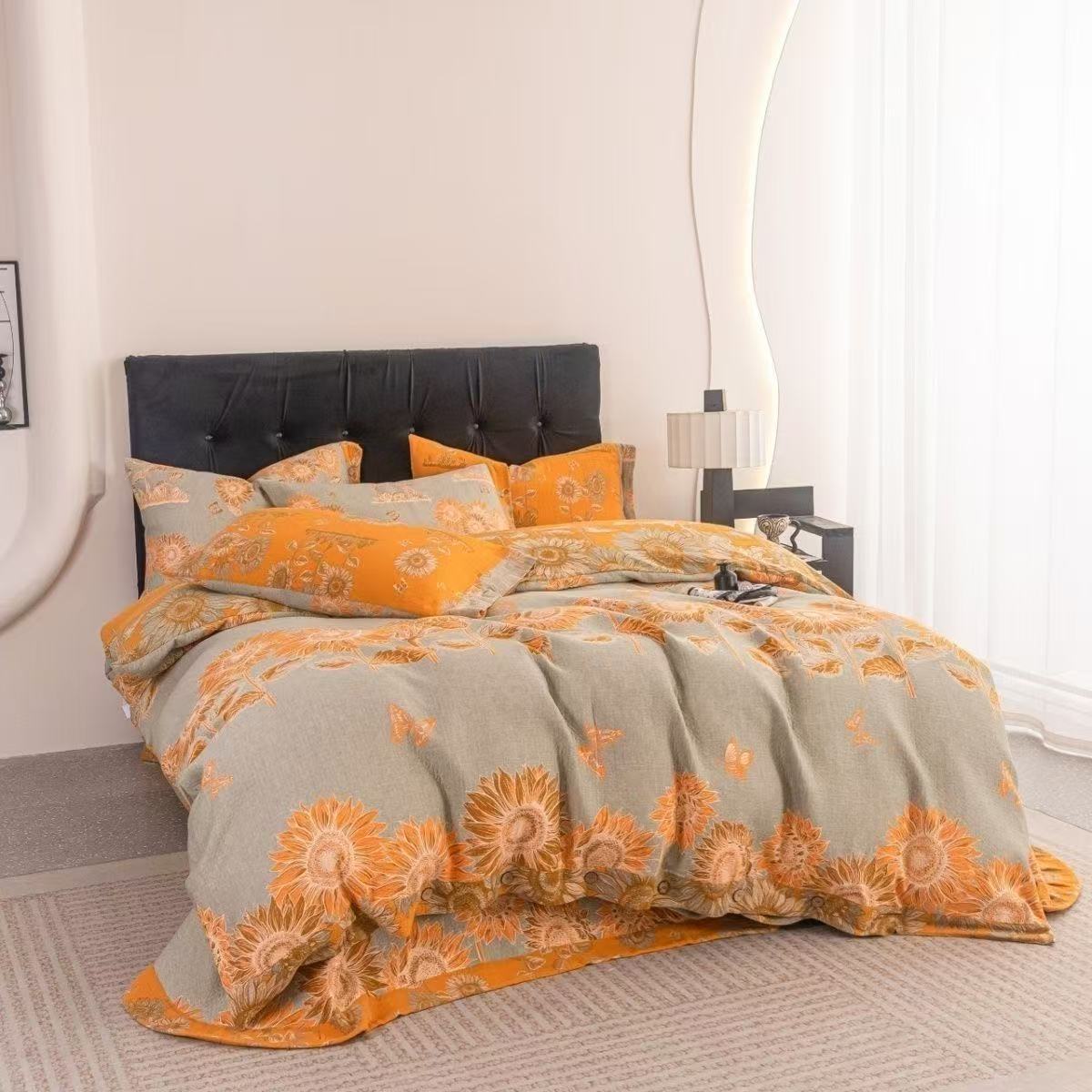 双层纱新疆棉夏被四件套--向日葵柔软双层纱凉感丝机洗针织棉机洗