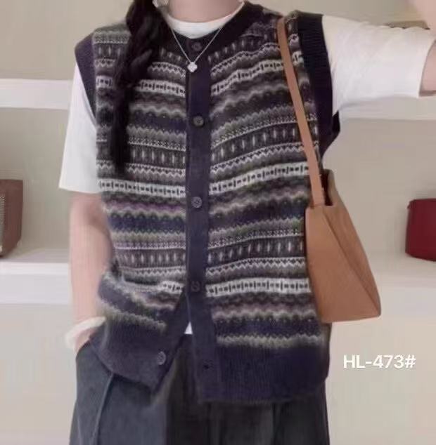 【例畔精选】2025秋冬季时尚气质复古百搭提花圆领无袖针织衫A849#