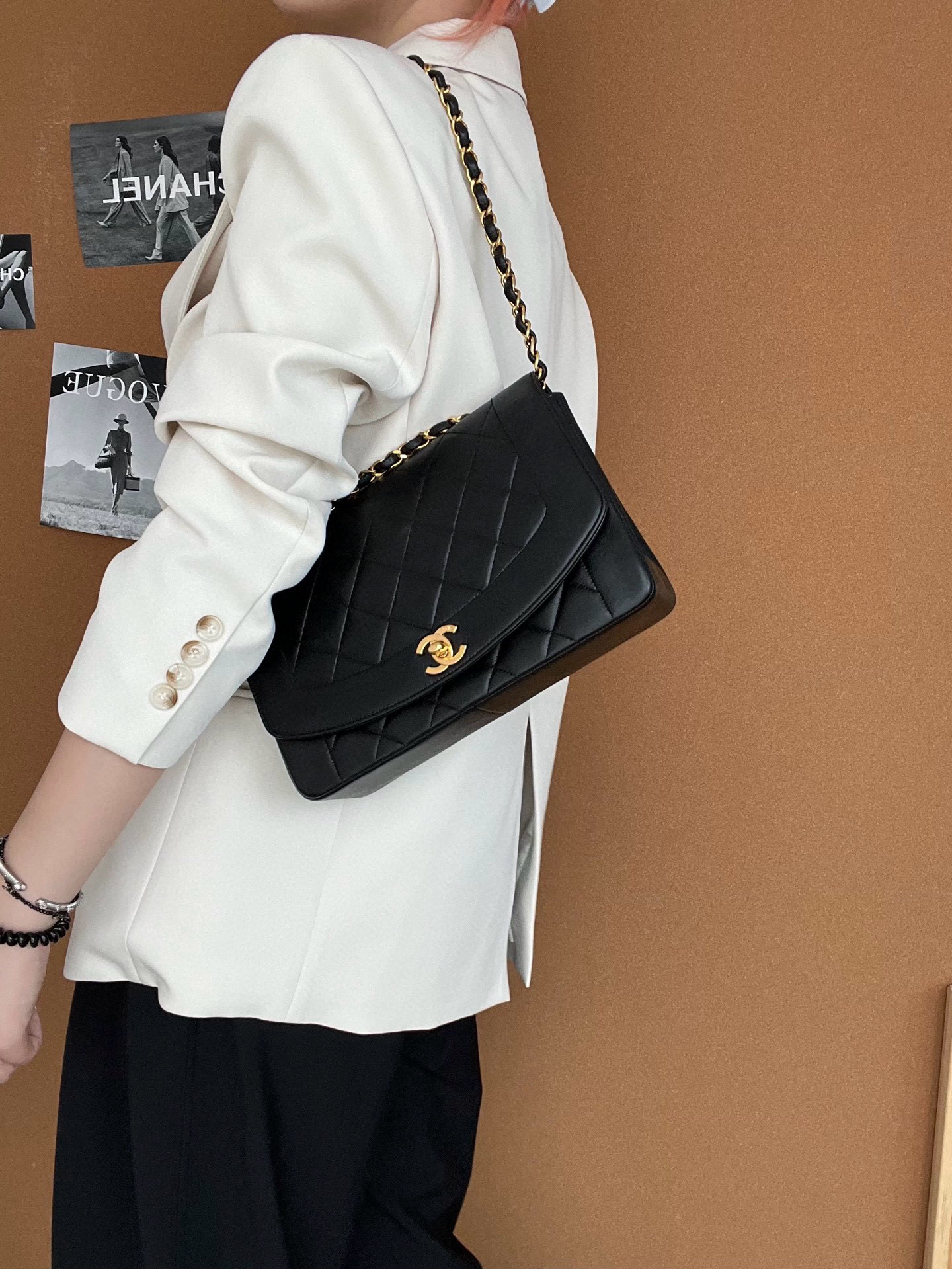 95新 Chanel/香奈儿 1045  Chanel 羊皮黑金戴妃cf 