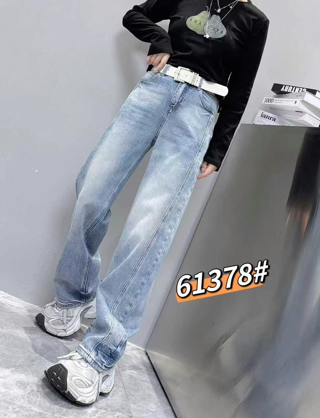 61378-p无腰带浅蓝色拼接裤长102起春季新款高腰宽松显瘦直筒裤