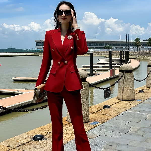 9883秋季新款长袖职业时尚套装女神范双排扣商务显瘦西装两件套