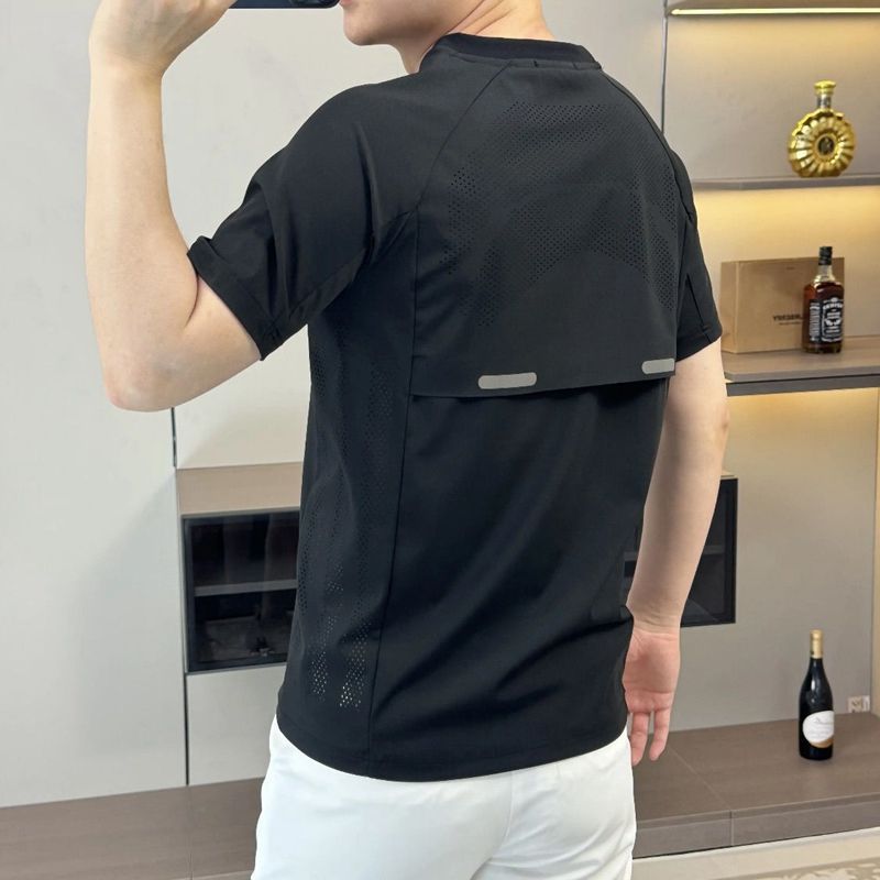 夏季新款潮流男士短袖t恤舒适速干圆领冰丝气质网眼薄款运动半袖
