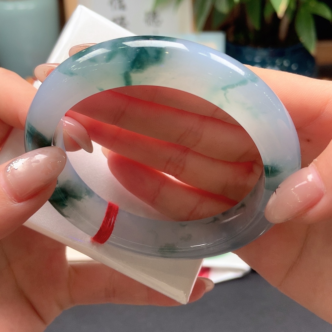 翡翠未镶嵌手镯深海蓝意境感飘花35号