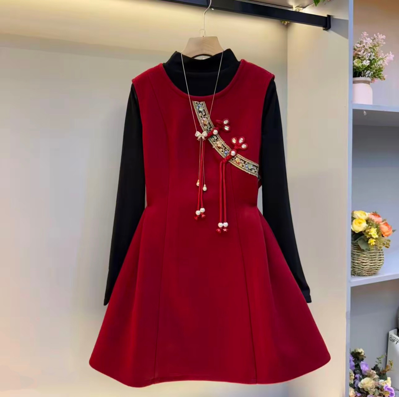 秋冬新款新中式国风盘扣马甲裙半高领打底衫气质显瘦女装两件套